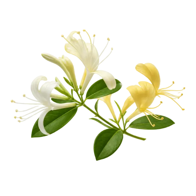 A cluster of white and yellow honeysuckle flowers with green leaves on a transparent checkered background.