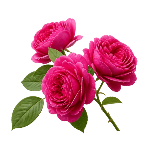 Three vibrant magenta-pink roses with green leaves on a stem, isolated on a transparent checkerboard background.