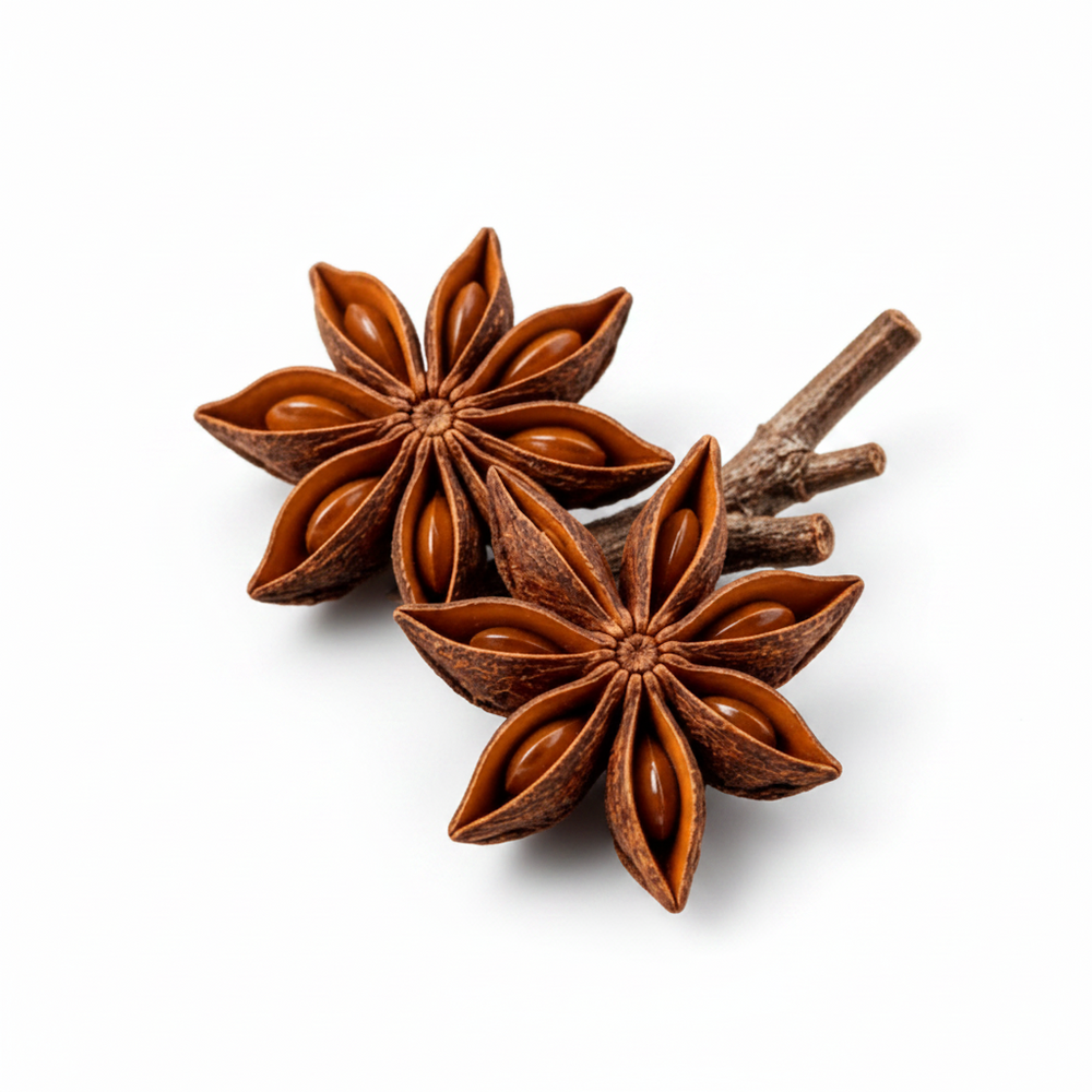 Two brown star anise flowers with green leaves and a small cinnamon stick, isolated on a white background with a faint checkerboard transparency pattern.